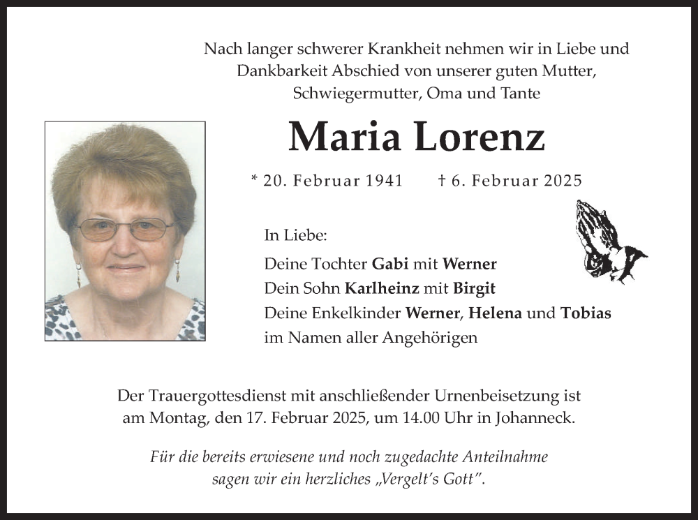  Traueranzeige für Maria Lorenz vom 13.02.2025 aus merkurtz