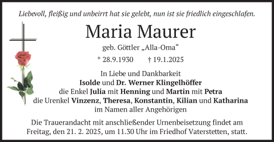 Traueranzeige von Maria Maurer von merkurtz