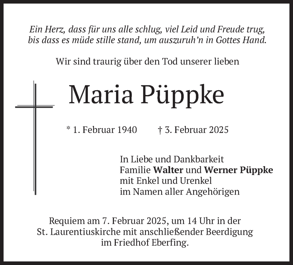  Traueranzeige für Maria Püppke vom 05.02.2025 aus merkurtz