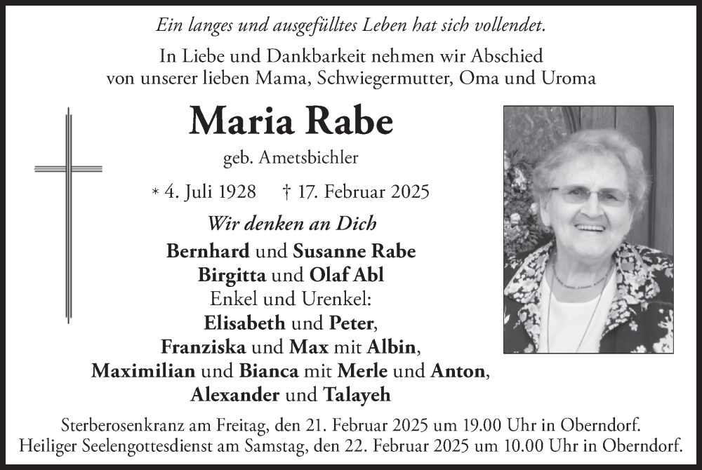  Traueranzeige für Maria Rabe vom 20.02.2025 aus merkurtz