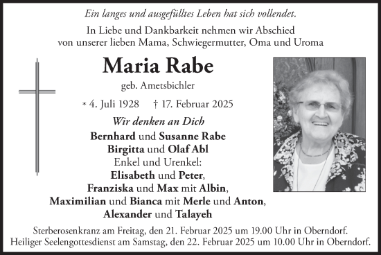 Traueranzeige von Maria Rabe von merkurtz