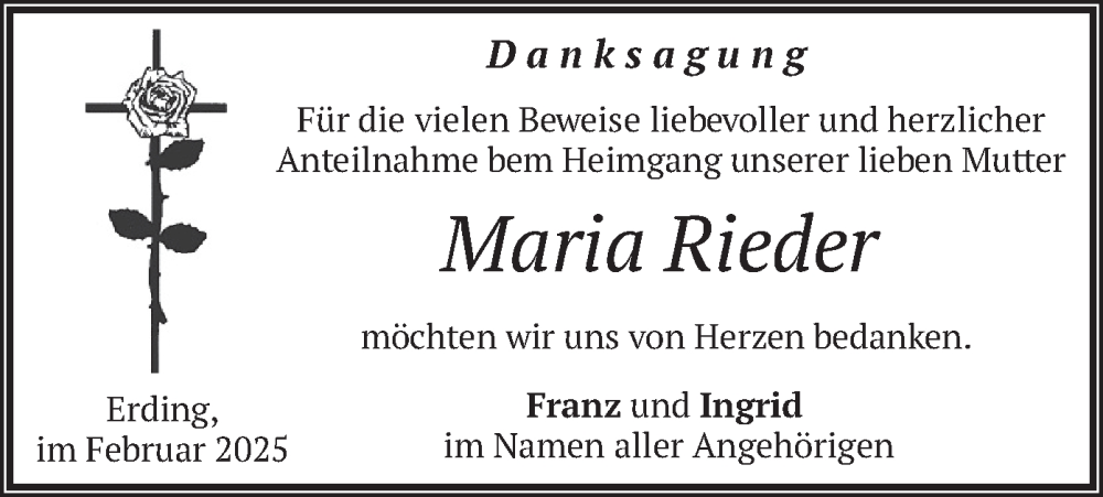  Traueranzeige für Maria Rieder vom 01.02.2025 aus merkurtz