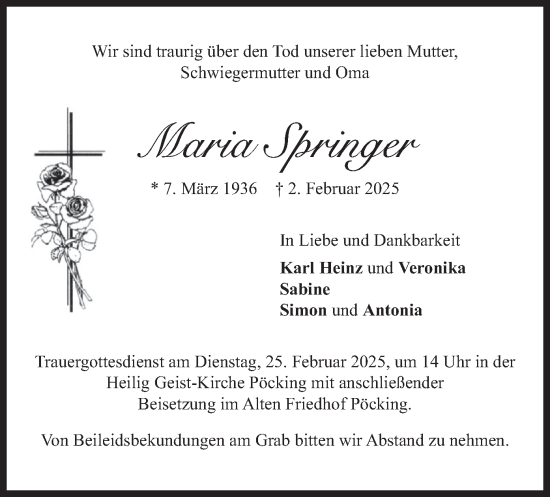 Traueranzeige von Maria Springer von merkurtz