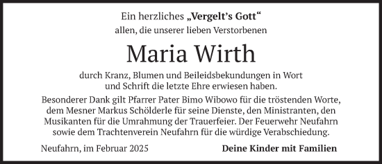 Traueranzeige von Maria Wirth von merkurtz