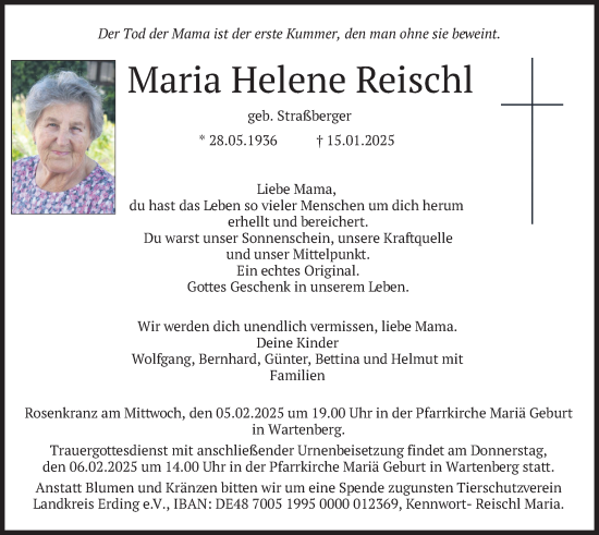 Traueranzeige von Maria Helene Reischl von merkurtz