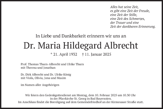 Traueranzeige von Maria Hildegard Albrecht von merkurtz