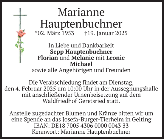 Traueranzeige von Marianne Hauptenbuchner von merkurtz