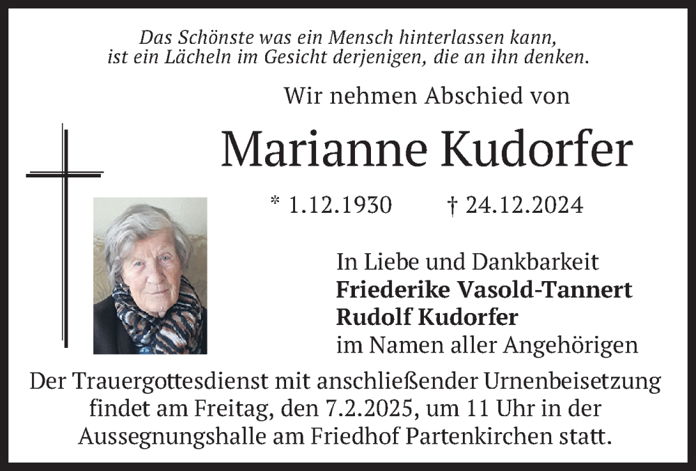  Traueranzeige für Marianne Kudorfer vom 01.02.2025 aus merkurtz