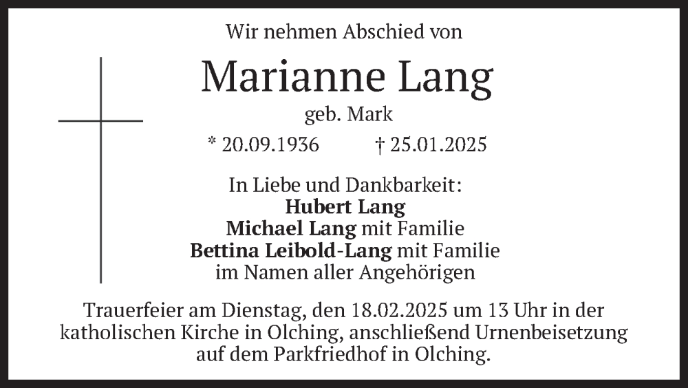  Traueranzeige für Marianne Lang vom 08.02.2025 aus merkurtz