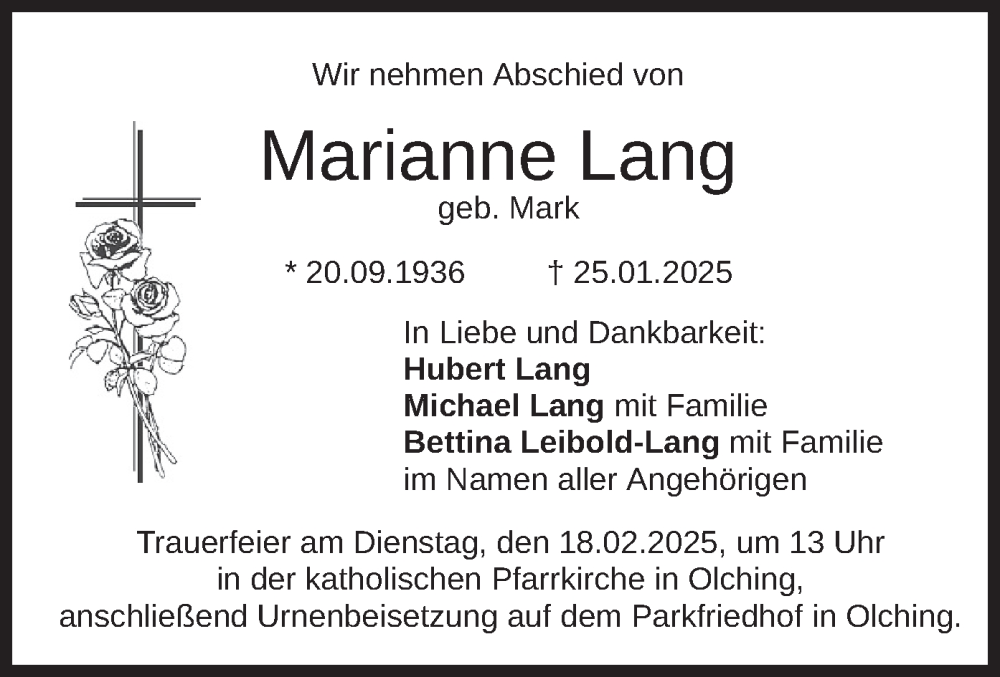  Traueranzeige für Marianne Lang vom 08.02.2025 aus merkurtz