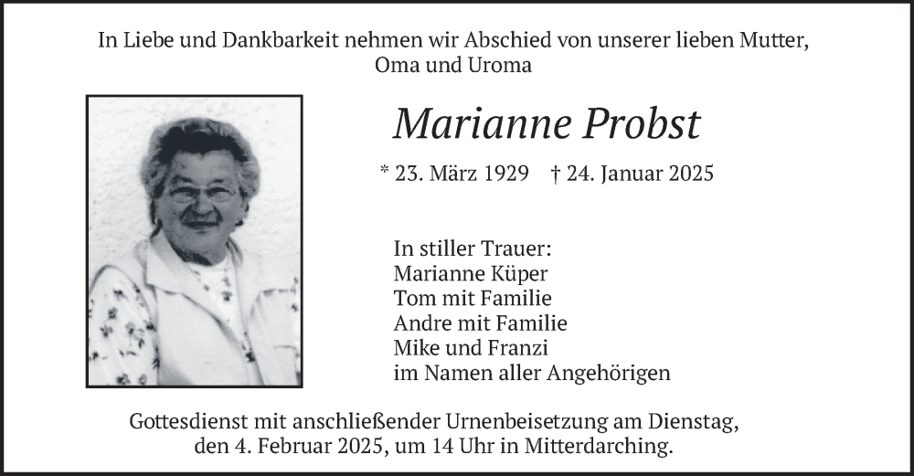  Traueranzeige für Marianne Probst vom 01.02.2025 aus merkurtz