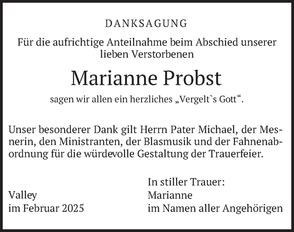  Traueranzeige für Marianne Probst vom 15.02.2025 aus merkurtz