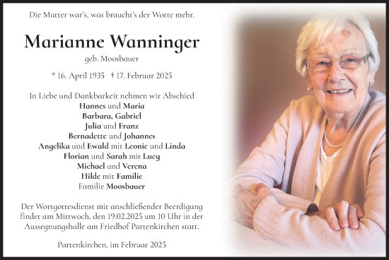 Traueranzeige von Marianne Wanninger von merkurtz