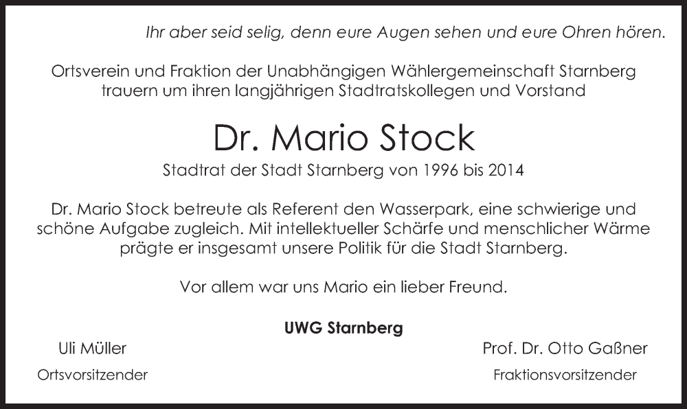  Traueranzeige für Mario Stock vom 12.02.2025 aus merkurtz
