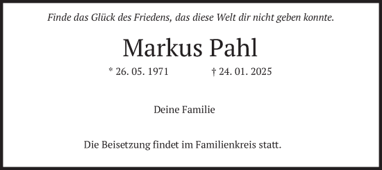 Traueranzeige von Markus Pahl von merkurtz