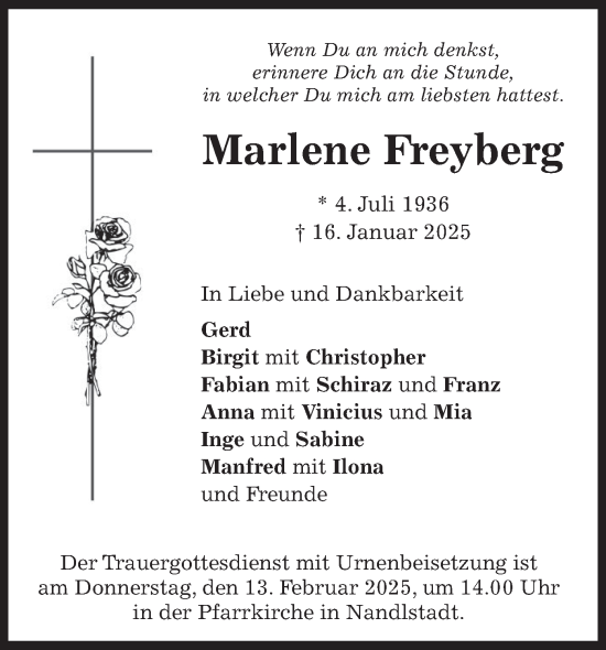 Traueranzeige von Marlene Freyberg von merkurtz