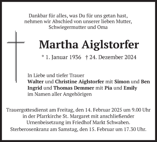 Traueranzeige von Martha Aiglstorfer von merkurtz
