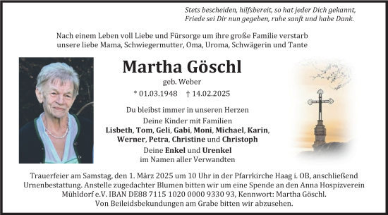 Traueranzeige von Martha Göschl von merkurtz