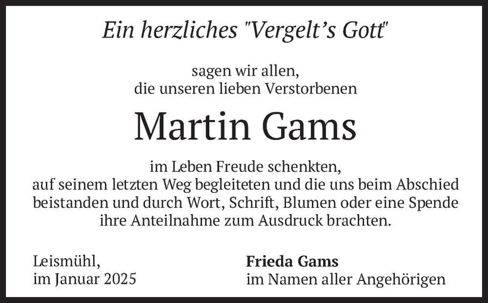  Traueranzeige für Martin Gams vom 01.02.2025 aus merkurtz