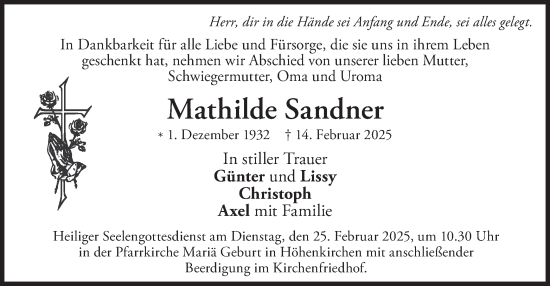 Traueranzeige von Mathilde Sandner von merkurtz