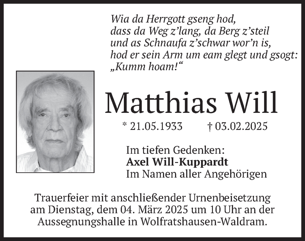  Traueranzeige für Matthias Will vom 28.02.2025 aus merkurtz