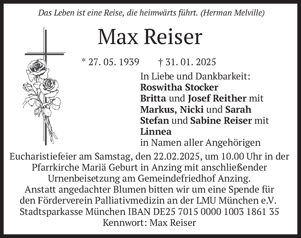  Traueranzeige für Max Reiser vom 15.02.2025 aus merkurtz