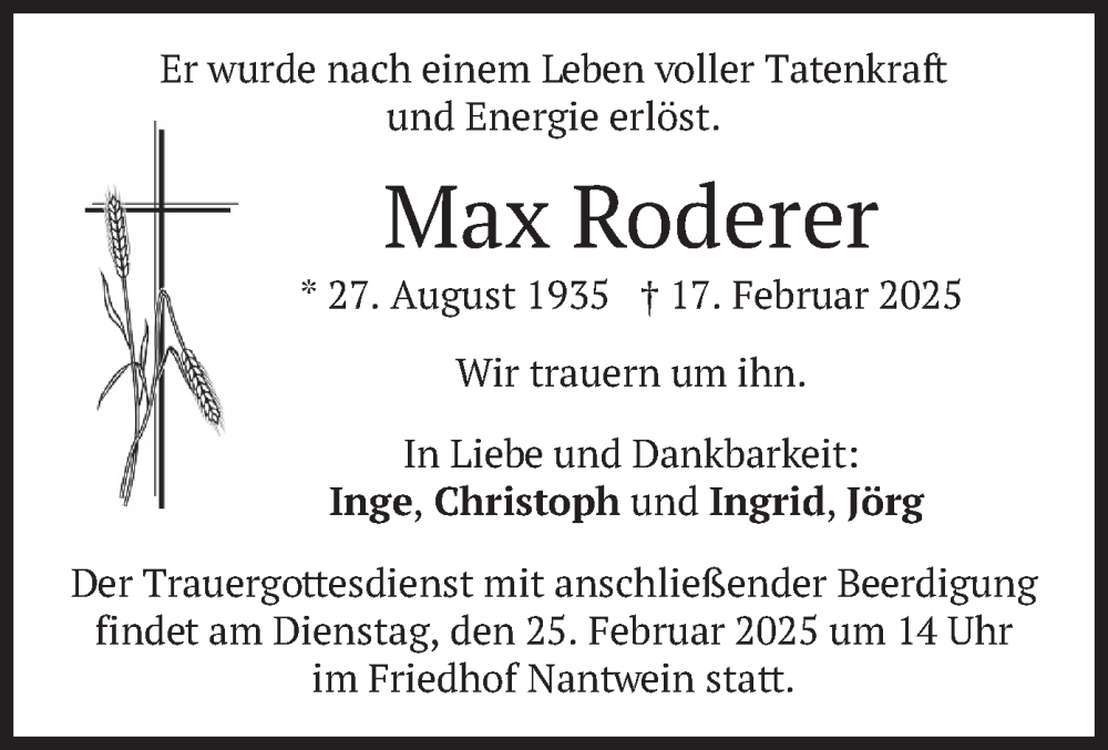 Traueranzeige für Max Roderer vom 22.02.2025 aus merkurtz