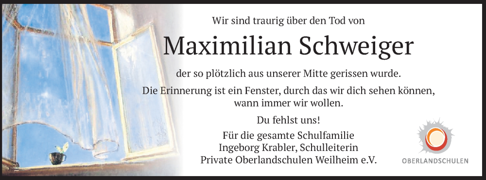  Traueranzeige für Maximilian Schweiger vom 01.02.2025 aus merkurtz