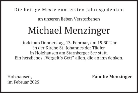 Traueranzeige von Michael Menzinger von merkurtz