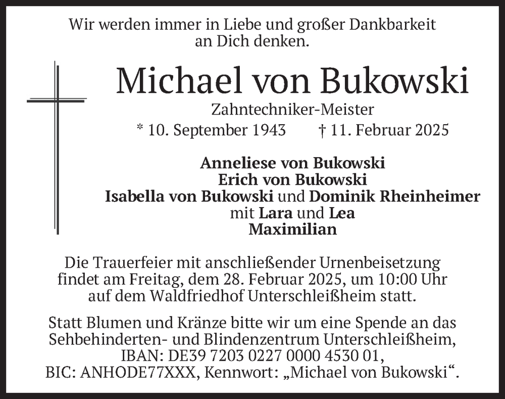  Traueranzeige für Michael von Bukowski vom 24.02.2025 aus merkurtz