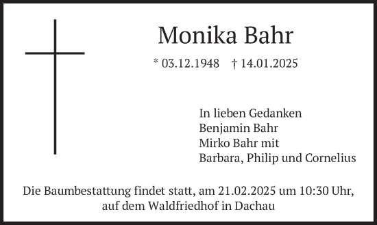 Traueranzeige von Monika Bahr von merkurtz