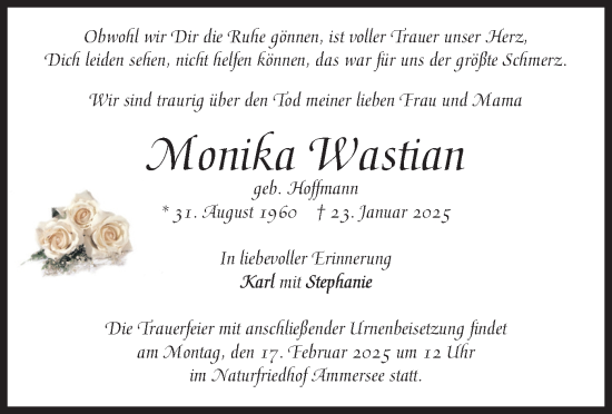 Traueranzeige von Monika Wastian von merkurtz