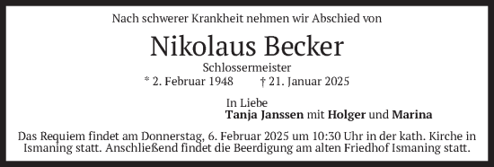 Traueranzeige von Nikolaus Becker von merkurtz