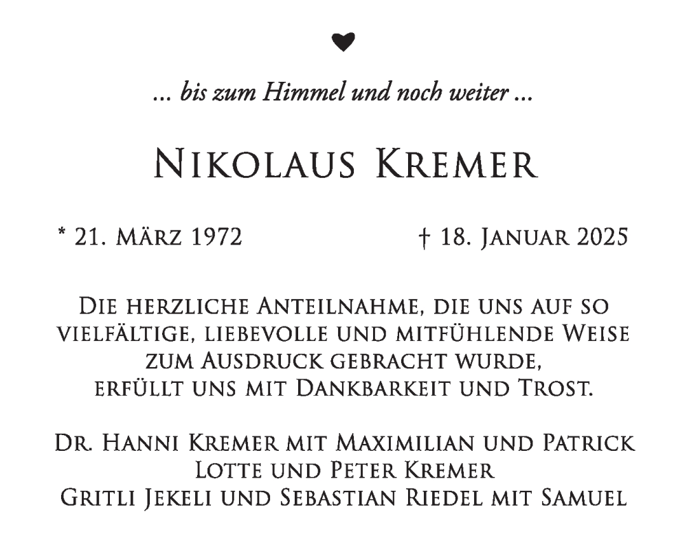  Traueranzeige für Nikolaus Kremer vom 22.02.2025 aus merkurtz