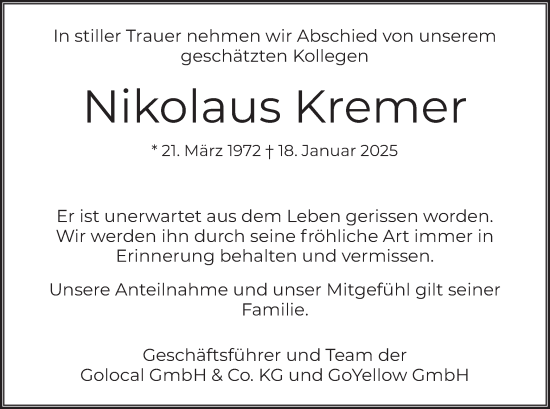 Traueranzeige von Nikolaus Kremer von merkurtz