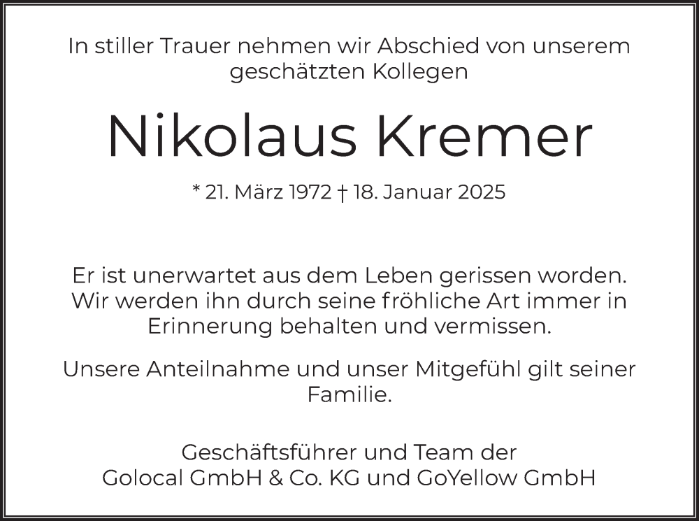  Traueranzeige für Nikolaus Kremer vom 01.02.2025 aus merkurtz