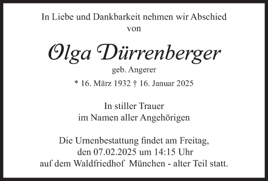 Traueranzeige von Olga Dürrenberger von merkurtz