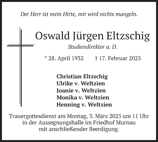 Traueranzeige von Oswald Jürgen Eltzschig von merkurtz