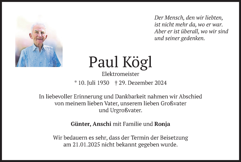  Traueranzeige für Paul Kögl vom 01.02.2025 aus merkurtz