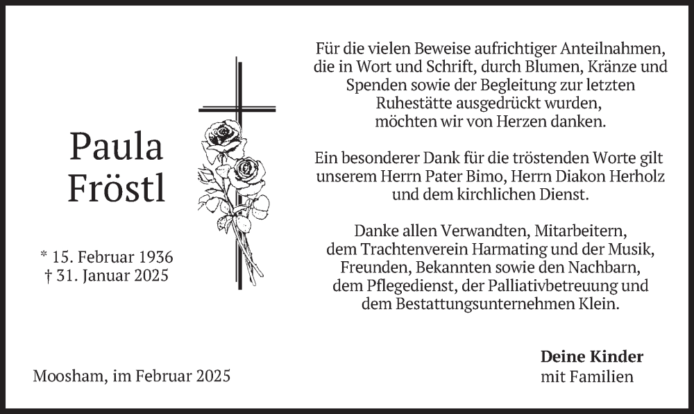  Traueranzeige für Paula Fröstl vom 15.02.2025 aus merkurtz