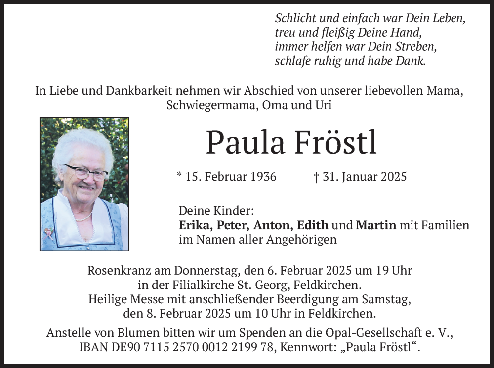  Traueranzeige für Paula Fröstl vom 05.02.2025 aus merkurtz