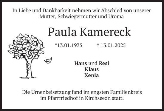 Traueranzeige von Paula Kamereck von merkurtz