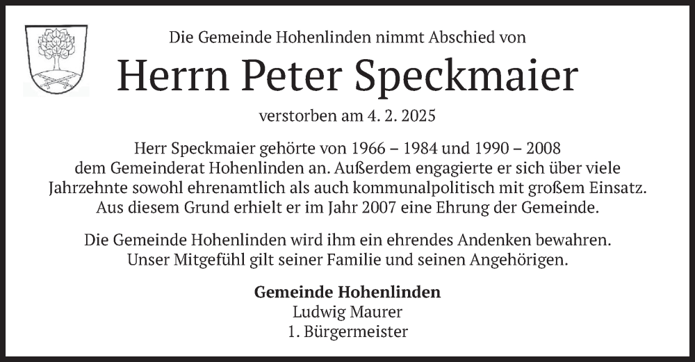  Traueranzeige für Peter Speckmaier vom 08.02.2025 aus merkurtz