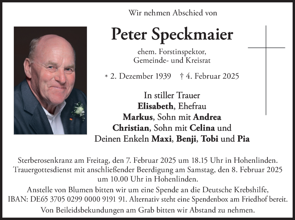  Traueranzeige für Peter Speckmaier vom 06.02.2025 aus merkurtz