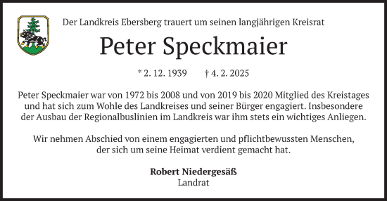Traueranzeige von Peter Speckmaier von merkurtz