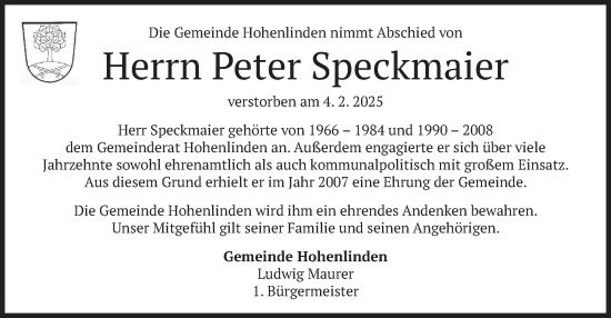 Traueranzeige von Peter Speckmaier von merkurtz