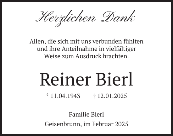 Traueranzeige von Reiner Bierl von merkurtz