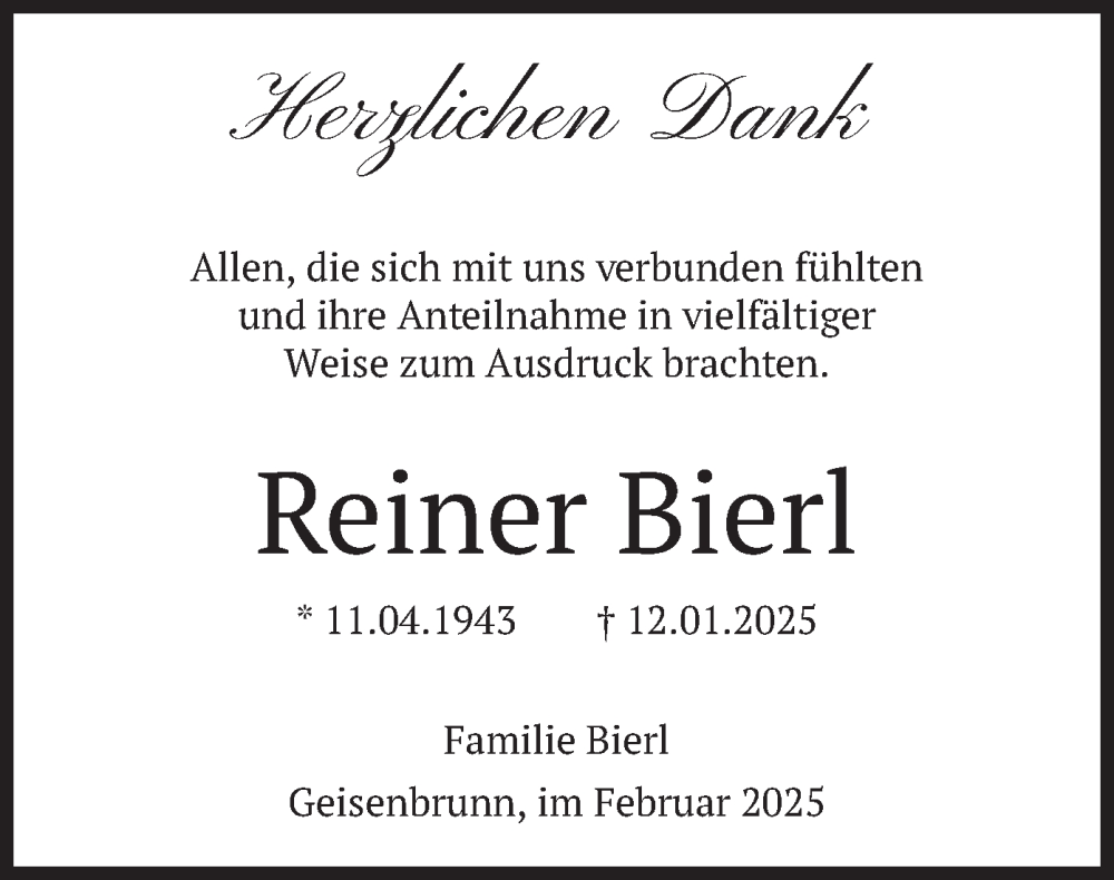  Traueranzeige für Reiner Bierl vom 01.02.2025 aus merkurtz