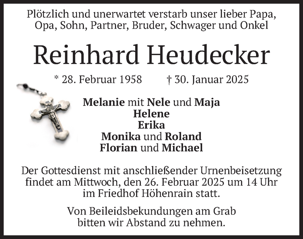  Traueranzeige für Reinhard Heudecker vom 22.02.2025 aus merkurtz