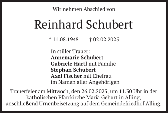 Traueranzeige von Reinhard Schubert von merkurtz